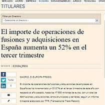 El importe de operaciones de fusiones y adquisiciones en Espaa aumenta un 52% en el tercer trimestre